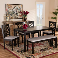 Baxton Studio RH335C-Grey/Dark Brown-6PC Dining Set Gabriel Modern and Contemporary Grey Fabric Upholstered and Dark Brown Finished Wood 6-Piece Dining Set